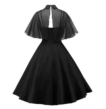 Black Peter Pan Dress With Mesh Cape Overlay