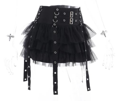 Black Chiffon Layered Gothic Skirt With Straps