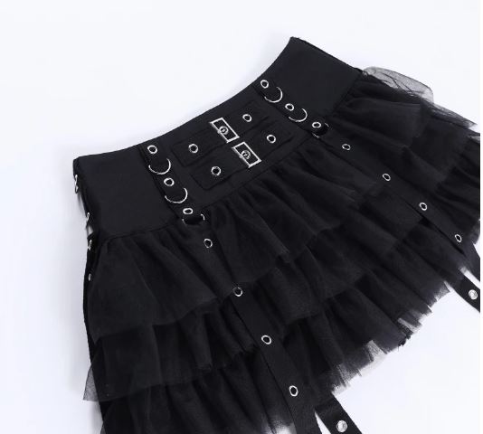 Black Chiffon Layered Gothic Skirt With Straps