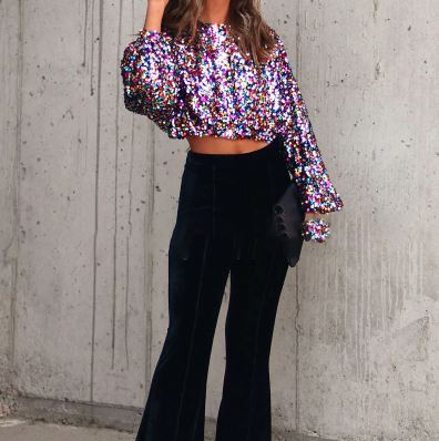 Multi Colour Sequin Lantern Sleeve Crop Top
