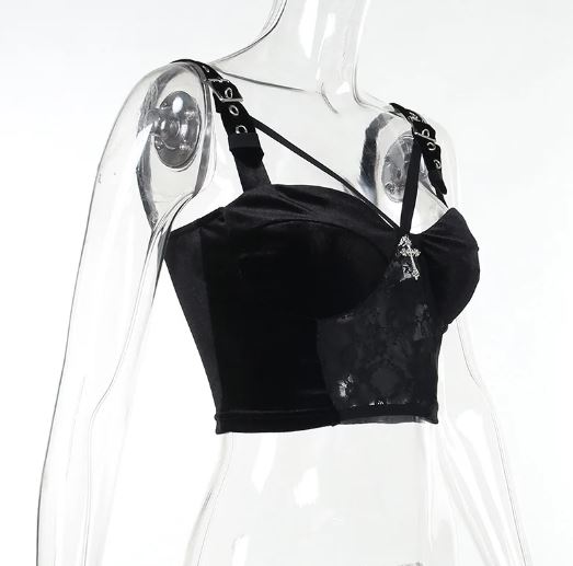 Black Buckle Strap Top With Lace Panel & Cross Detail