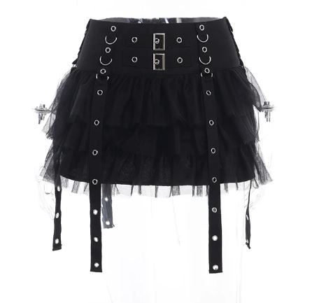 Black Chiffon Layered Gothic Skirt With Straps