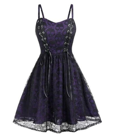 Lace Skull Print Tie Front Skater Dress