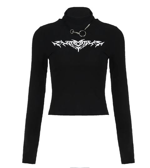 Black Long Sleeve Tattoo Print Top With Metal Detail