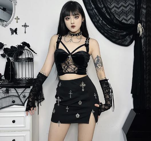 Black Buckle Strap Top With Lace Panel & Cross Detail