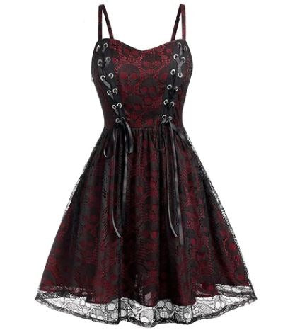 Lace Skull Print Tie Front Skater Dress