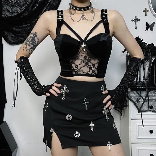 Black Buckle Strap Top With Lace Panel & Cross Detail