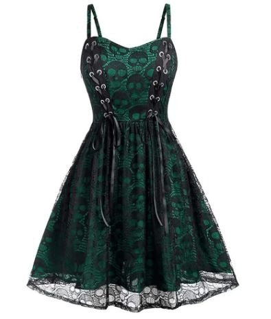 Lace Skull Print Tie Front Skater Dress