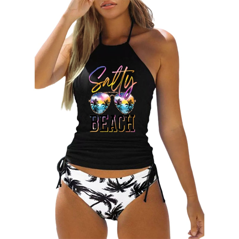 Halter Neck Ruched Tankini 2 Piece Set