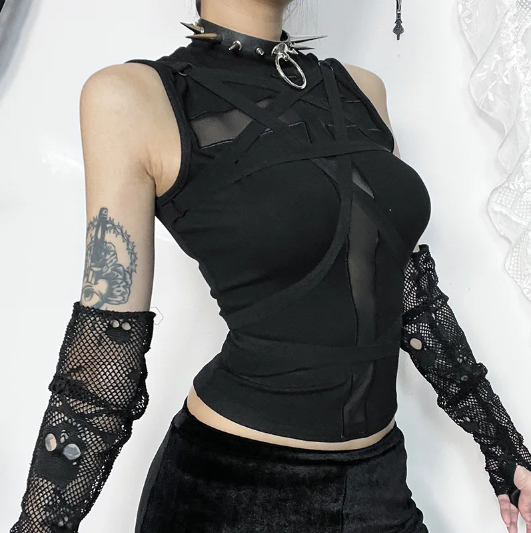 Black Sleeveless Cross Top With Strap Detail