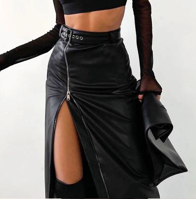 Long Black Faux Leather Full Zip Skirt
