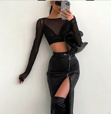 Long Black Faux Leather Full Zip Skirt