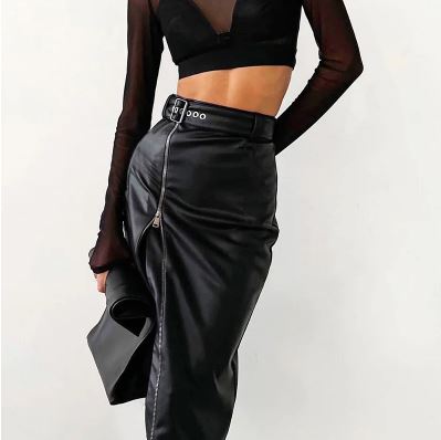 Long Black Faux Leather Full Zip Skirt