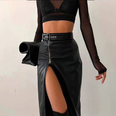 Long Black Faux Leather Full Zip Skirt