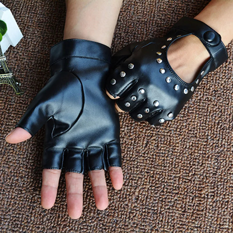 Black PU Leather Studded Fingerless Gloves