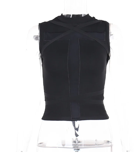 Black Sleeveless Cross Top With Strap Detail