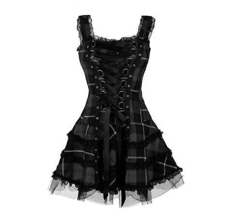 Tie Front Tartan Dress With Mesh Trim