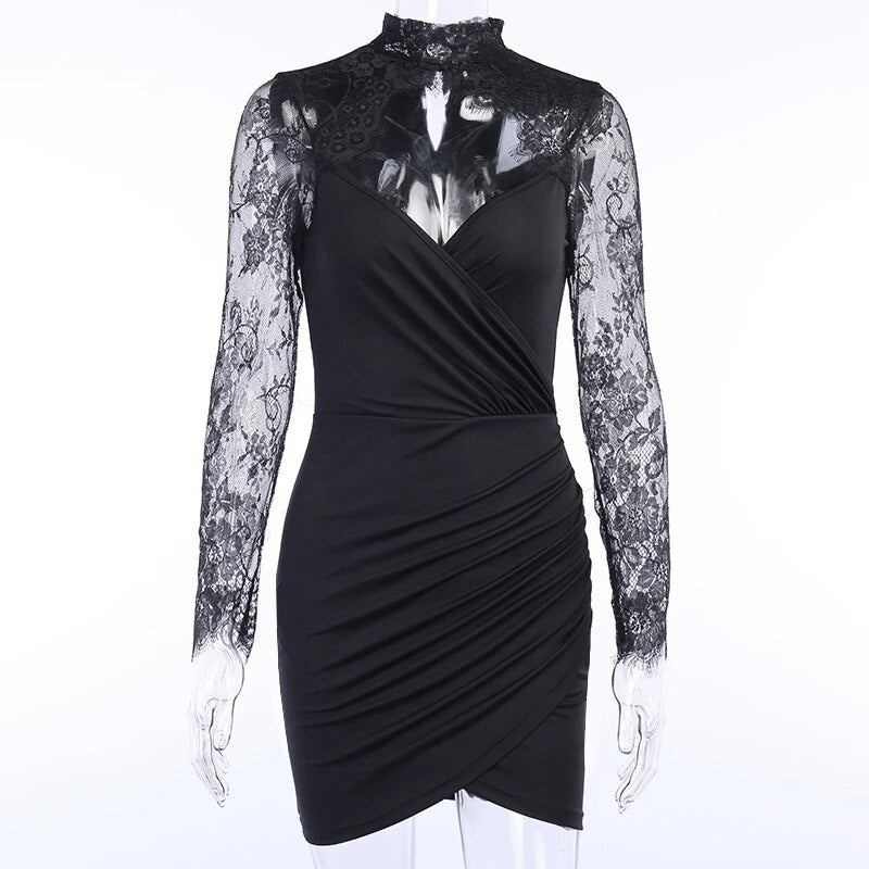 Black Lace Sleeve Bodycon Dress Sweetheart Neckline