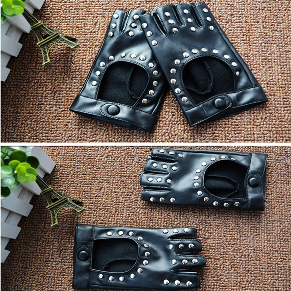 Black PU Leather Studded Fingerless Gloves