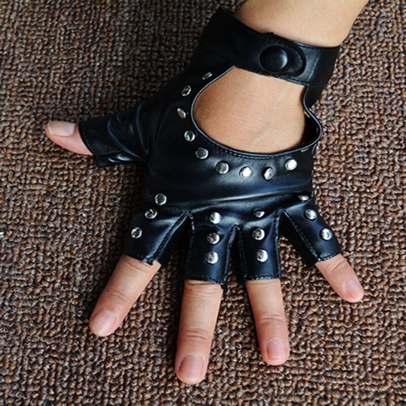 Black PU Leather Studded Fingerless Gloves
