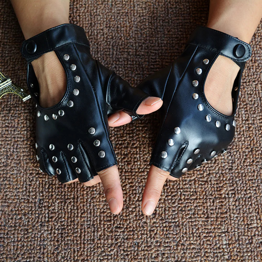 Black PU Leather Studded Fingerless Gloves
