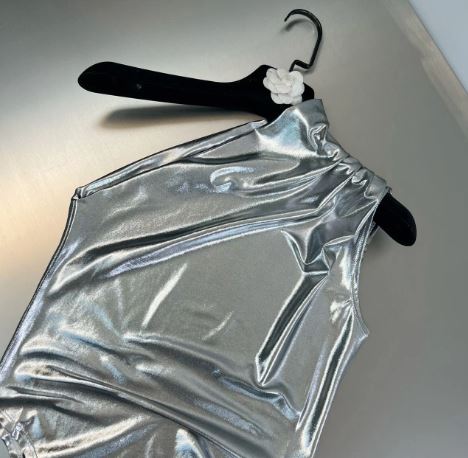 Metallic Silver Ruched One Shoulder Bodysuit