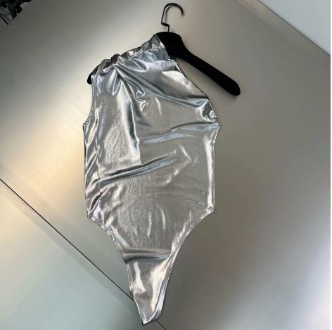 Metallic Silver Ruched One Shoulder Bodysuit