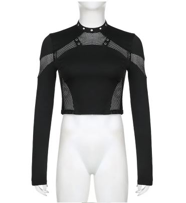 Black Long Sleeve Fishnet Panel Crop Top