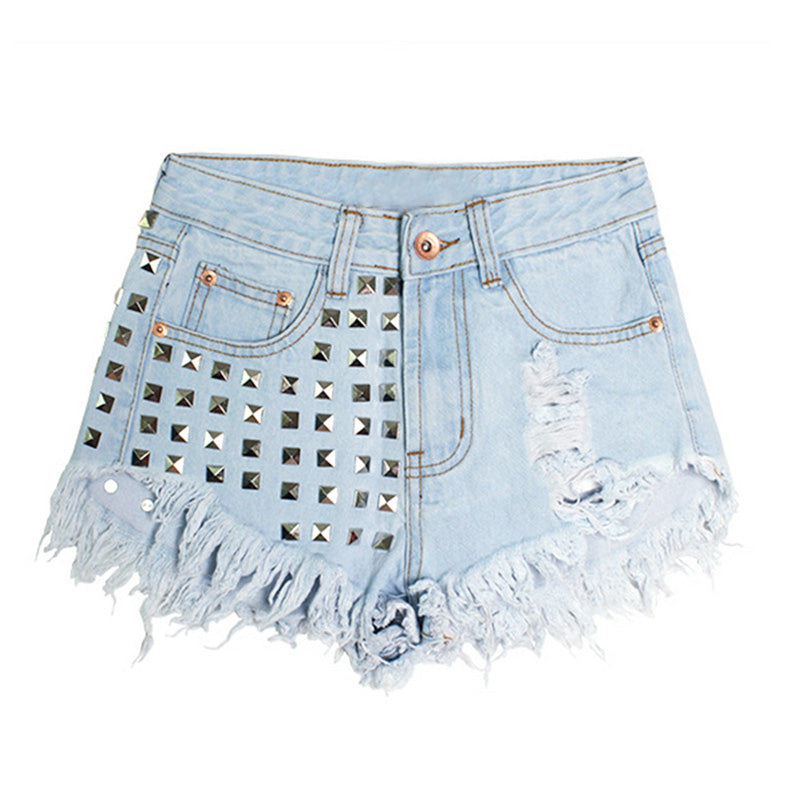 Rivet Detail Distressed Denim Shorts
