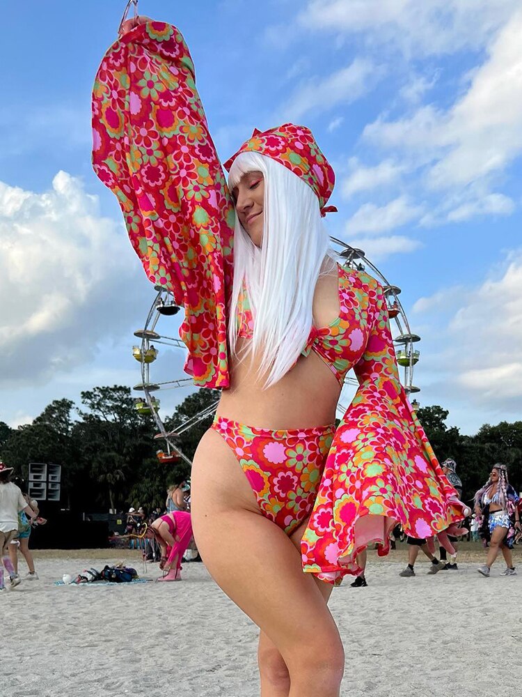 Flower Power Bell Sleeve Crop Top & High Waist Pants Set