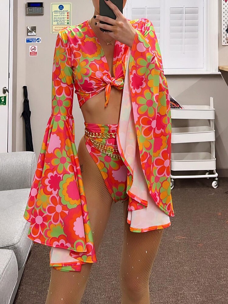 Flower Power Bell Sleeve Crop Top & High Waist Pants Set
