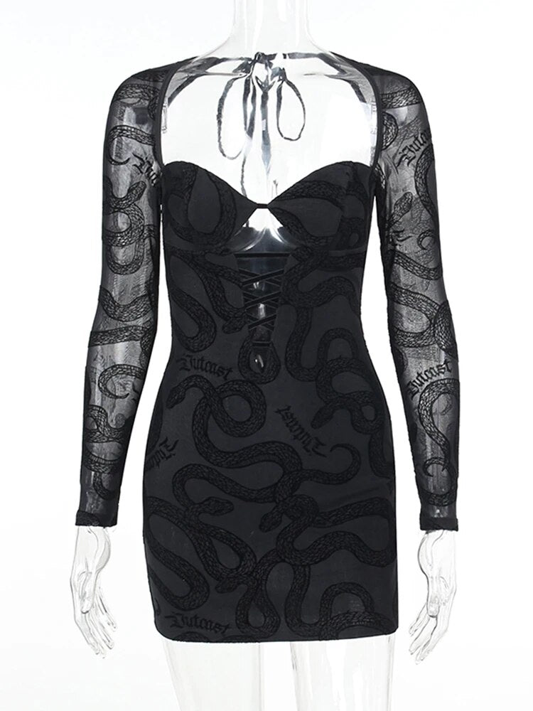 Black Mesh Long Sleeve Snake Print Dress