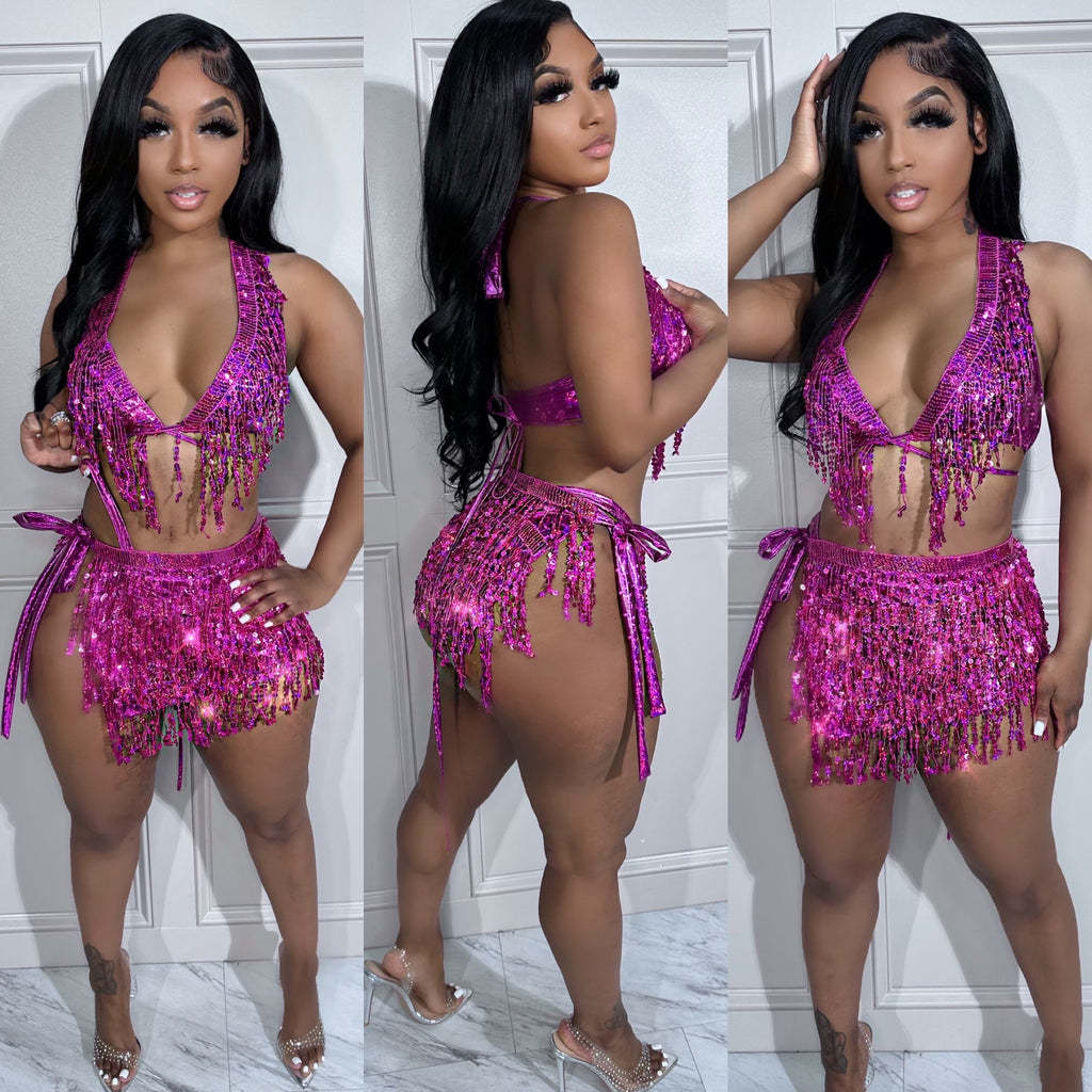 Sequin Thong Bikini & Wrap Skirt Set