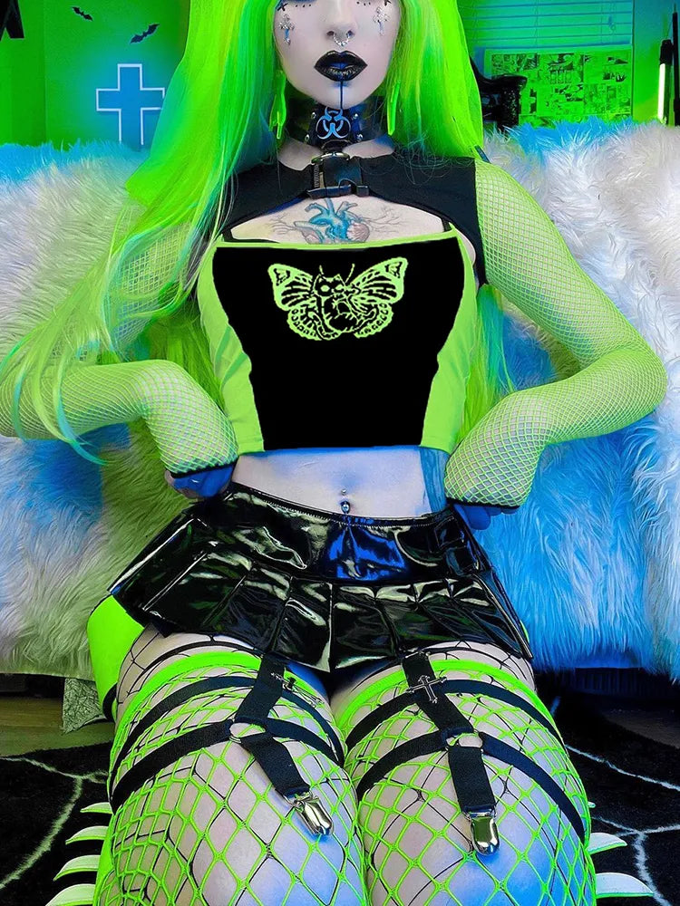 Neon Moth Print Top & Extreme Crop 2 Piece Set