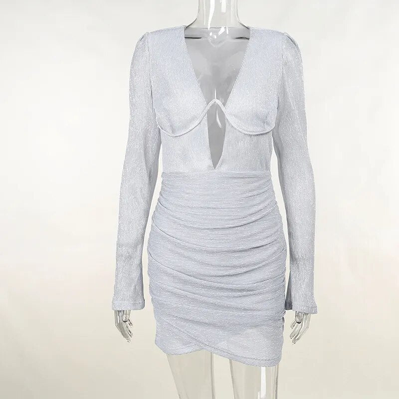 Long Sleeve Deep V Under Boob Wire Mini Dress