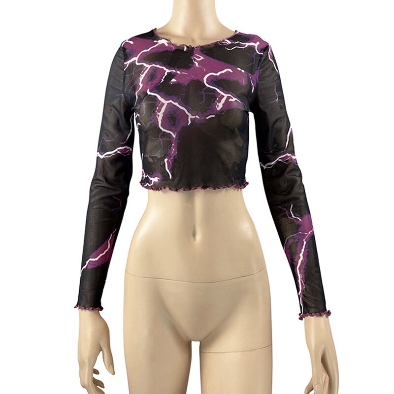 Purple Lightning Print Long Sleeve Mesh Top