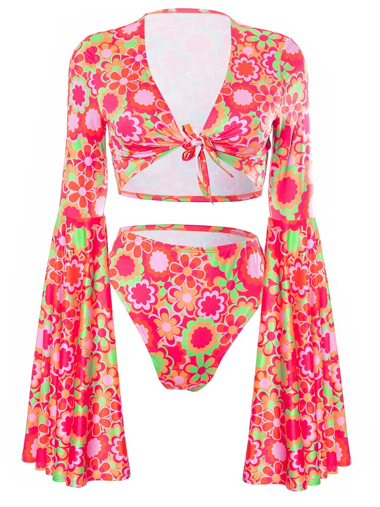 Flower Power Bell Sleeve Crop Top & High Waist Pants Set