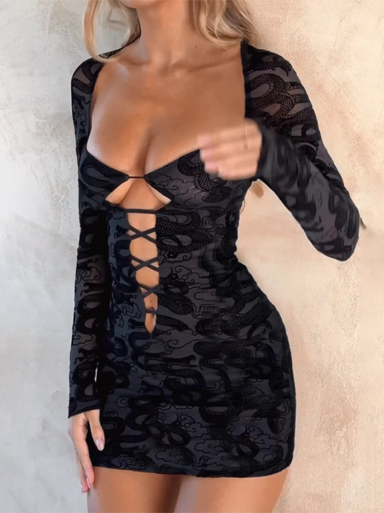 Black Mesh Long Sleeve Snake Print Dress