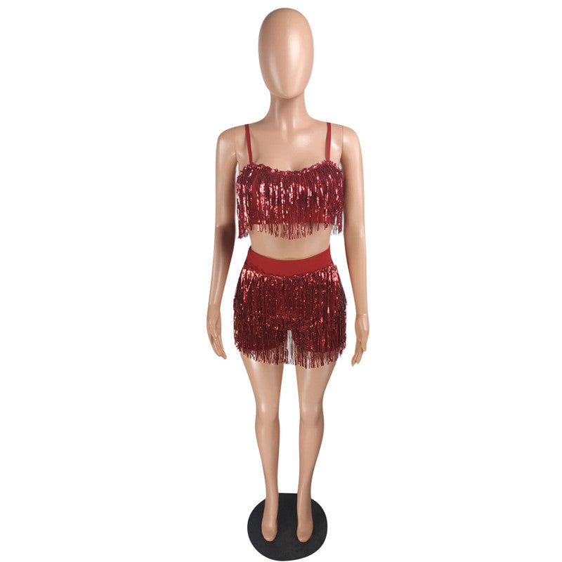 Sequined Tassel Bra Top & Shorts Set