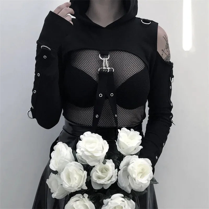 Black Extreme Crop Cold Shoulder Shrug With Punk Detailing