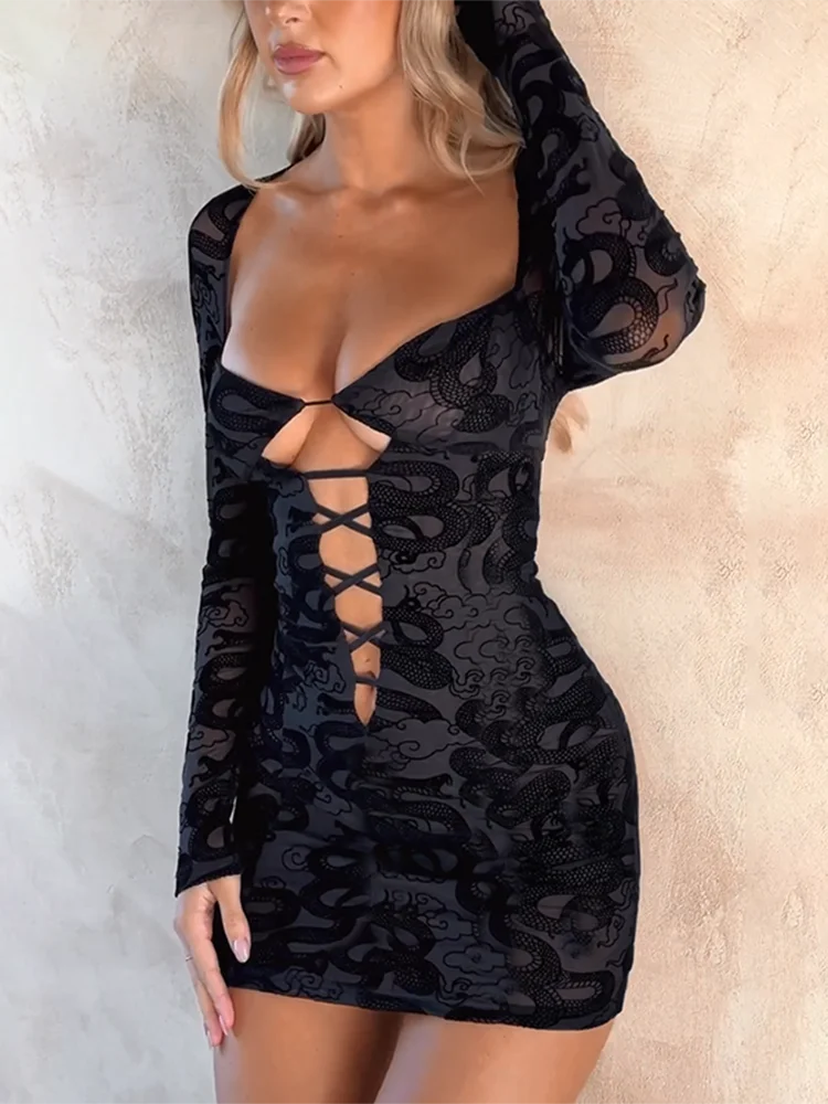 Black Mesh Long Sleeve Snake Print Dress