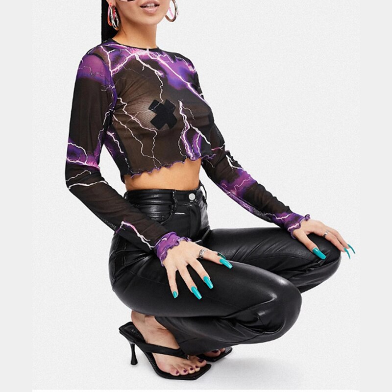 Purple Lightning Print Long Sleeve Mesh Top