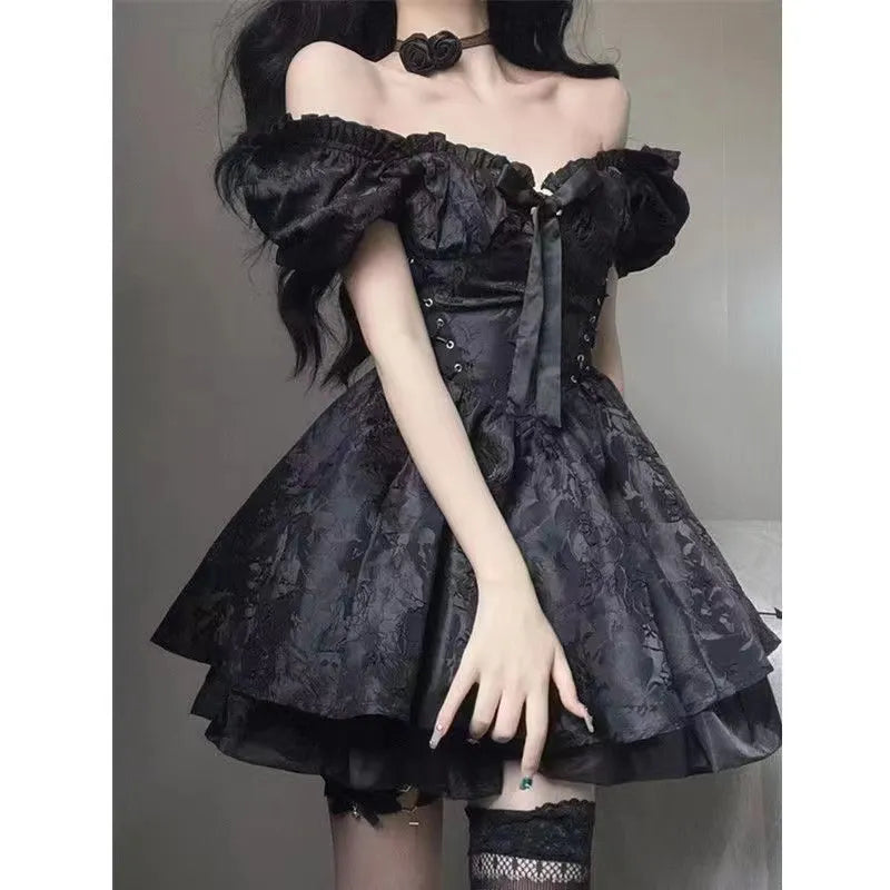 Black Jacquard Off The Shoulder Skater Dress