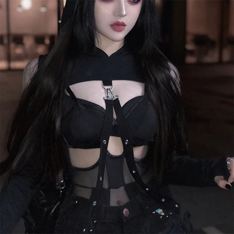 Black Extreme Crop Cold Shoulder Shrug With Punk Detailing