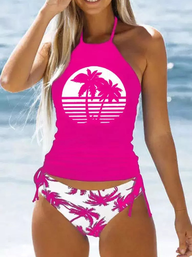 Halter Neck Ruched Tankini 2 Piece Set