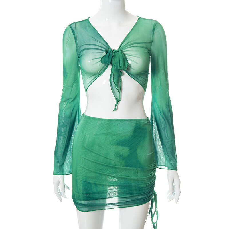 Mesh Bell Sleeve Crop Top & Ruched Skirt Set