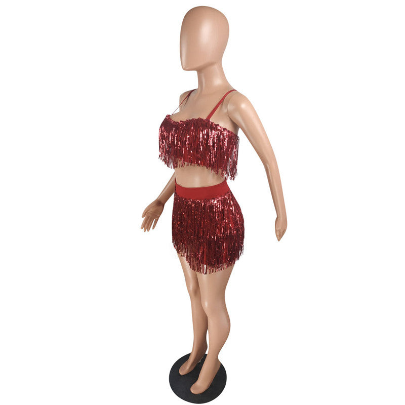 Sequined Tassel Bra Top & Shorts Set