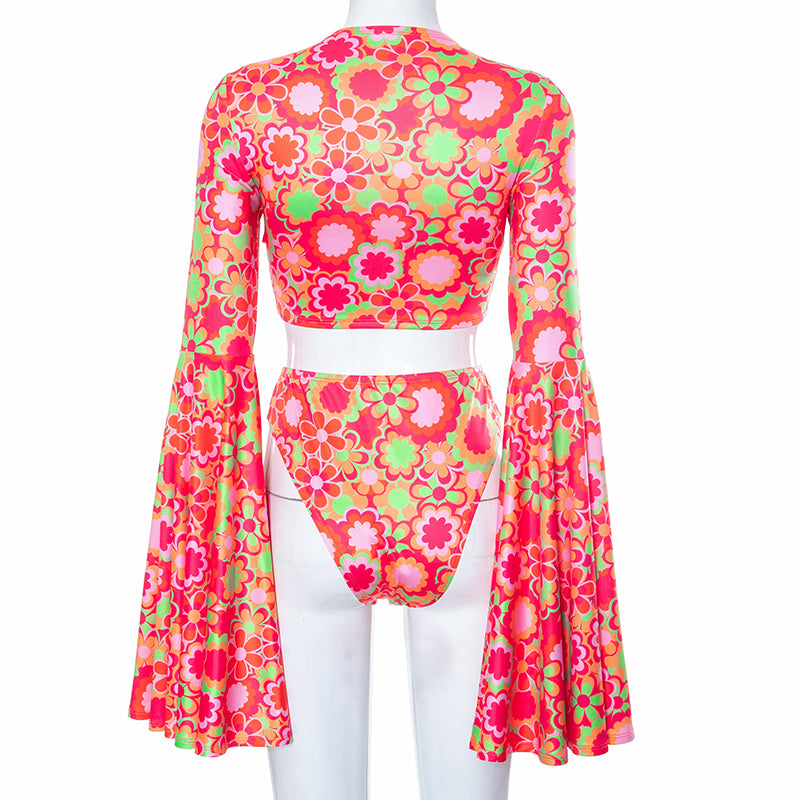 Flower Power Bell Sleeve Crop Top & High Waist Pants Set