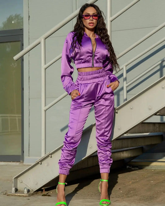 Satin Two Piece Cropped Tracksuit