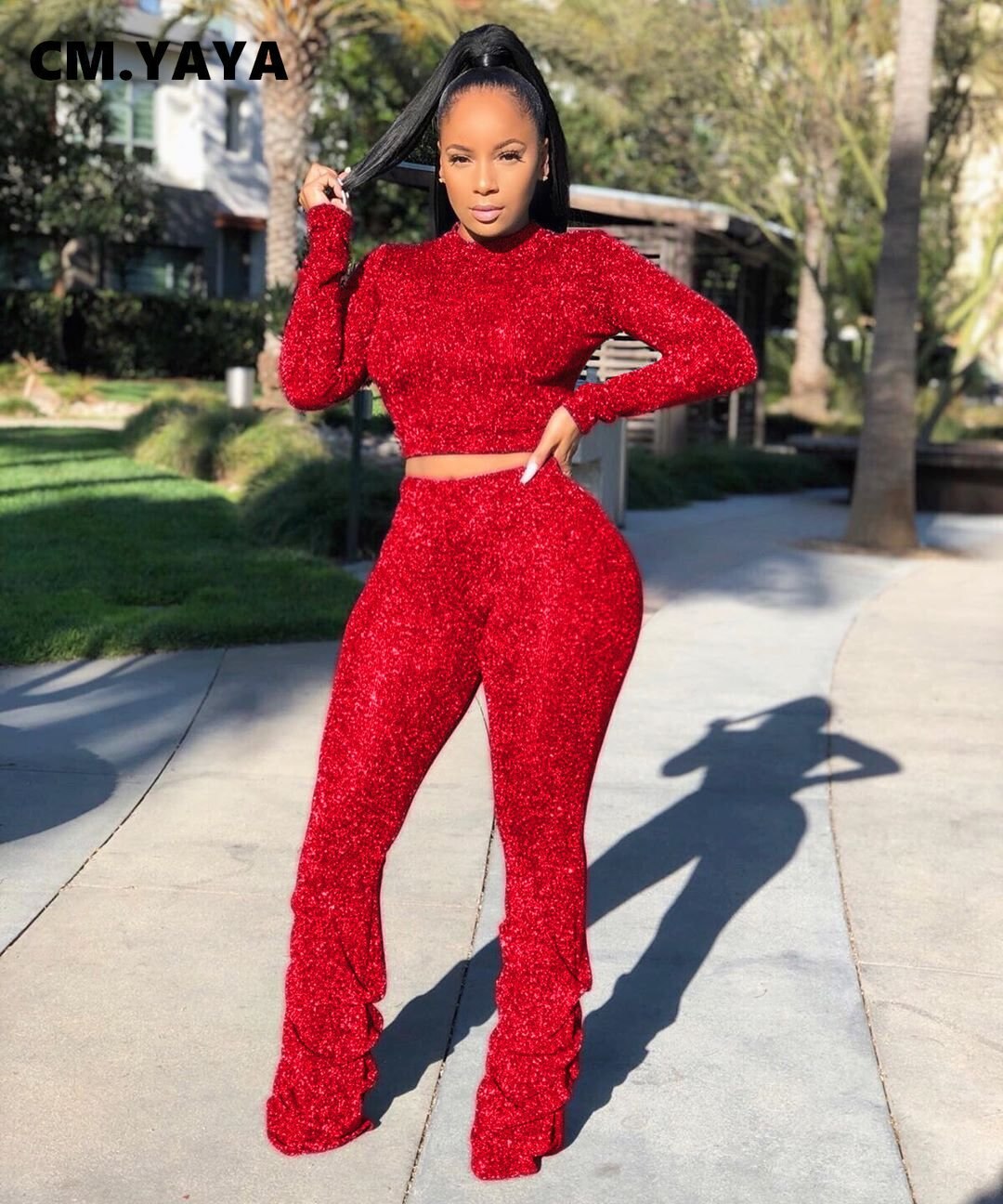 Glitter Top & Ruched Leg Trousers Set